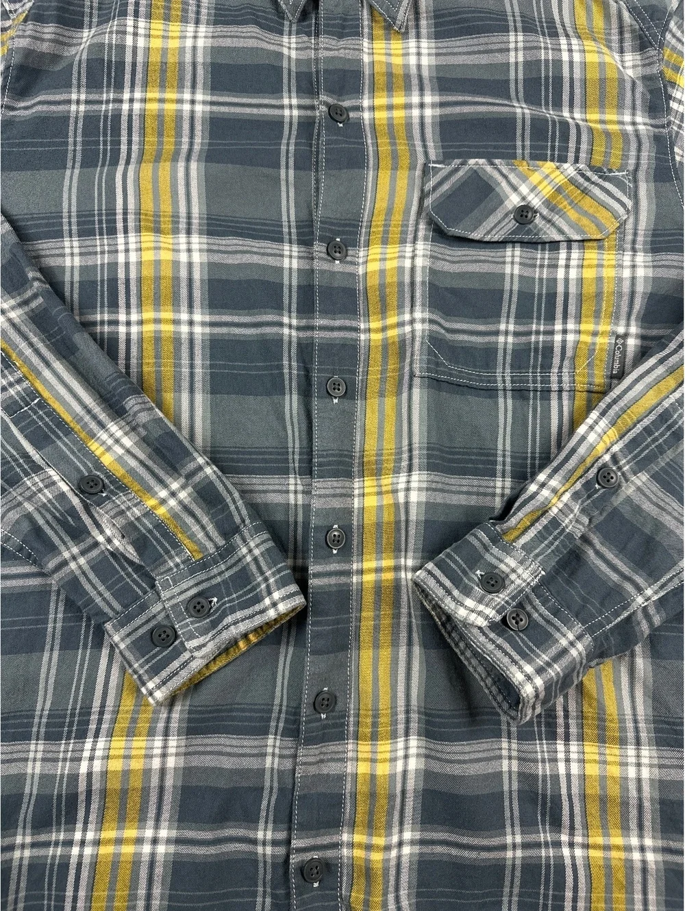 Columbia Flare Gun Flannel Men's L Blue Yellow Plaid Omni-Wick Outdoor